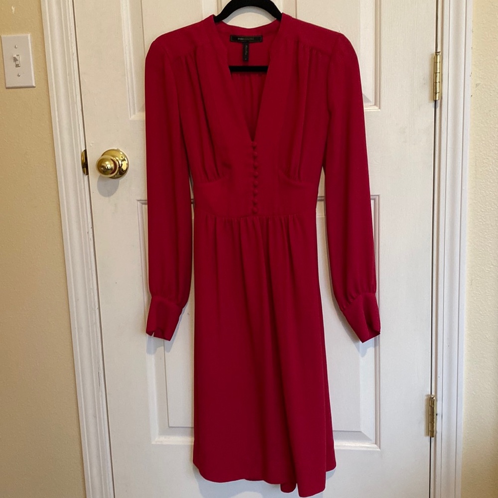 BCBGMaxAzria Red Long Sleeve V-Neck Midi Dress